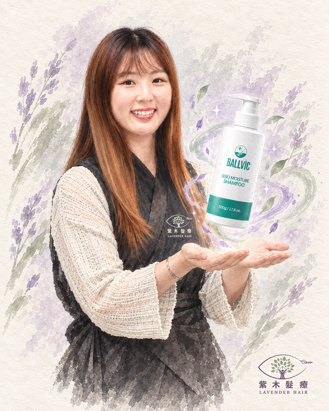 Shirley雙手托起懸浮Ballvic Sebo Moisture Shampoo的水墨插畫