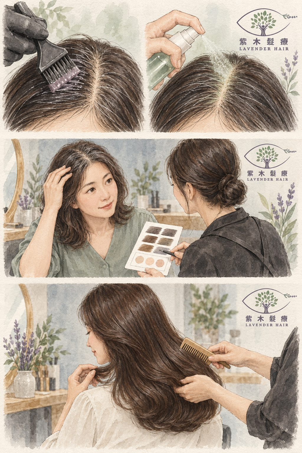 三格水墨插畫：染前頭皮保護、了解個人染髮需要，以及染後梳理髮絲