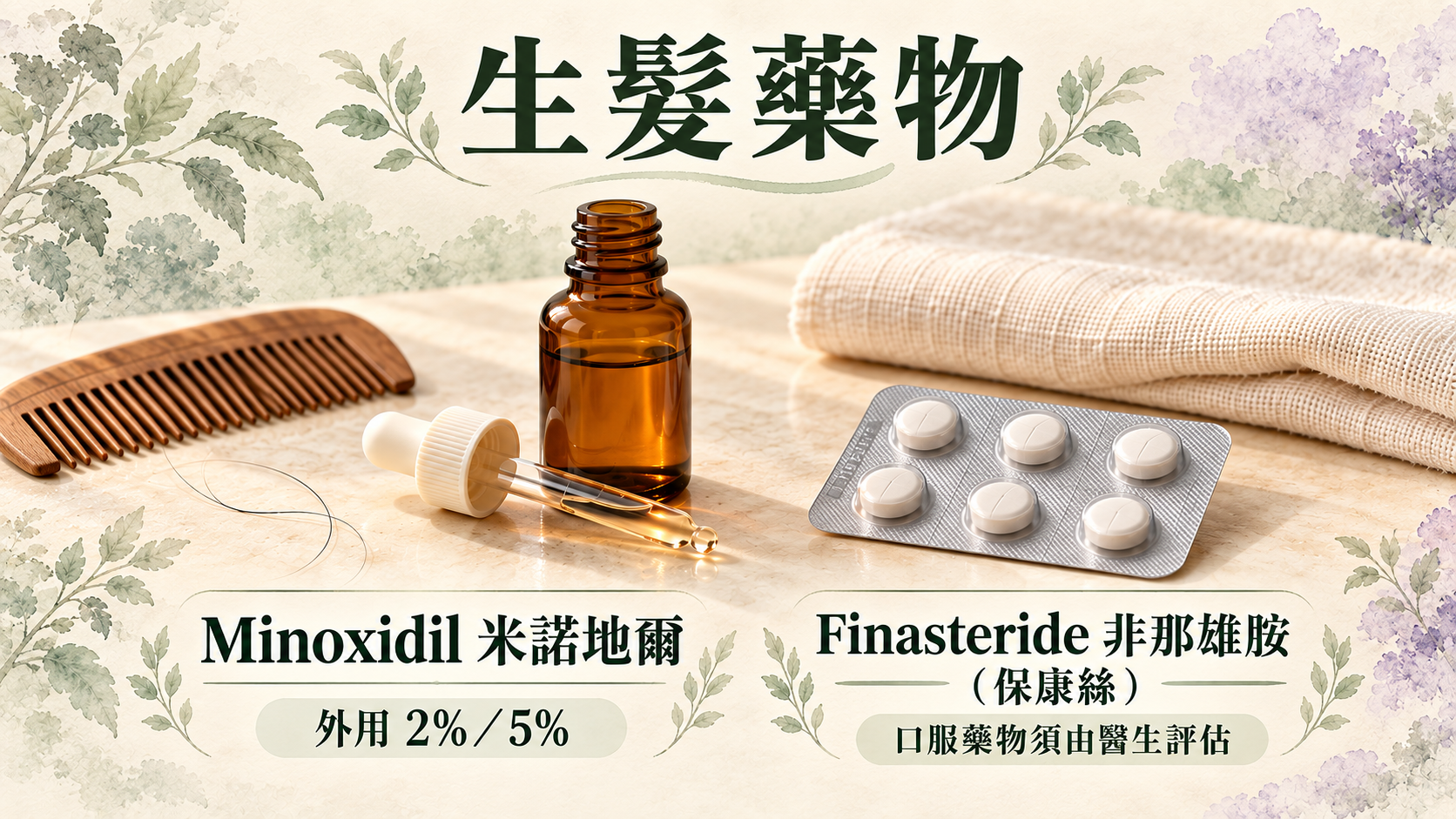Educational illustration of topical and oral hair-growth medicines