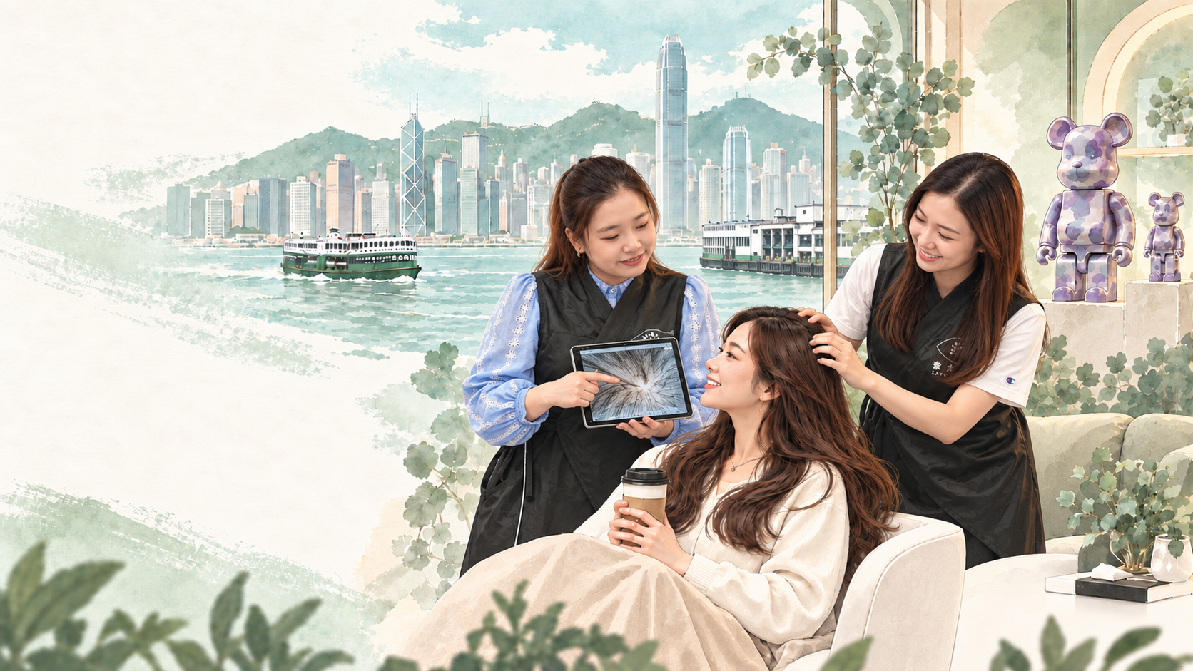 Sisi與阿魚陪客人飲咖啡、了解頭皮狀態，窗外有維港及天星小輪的水墨插畫
