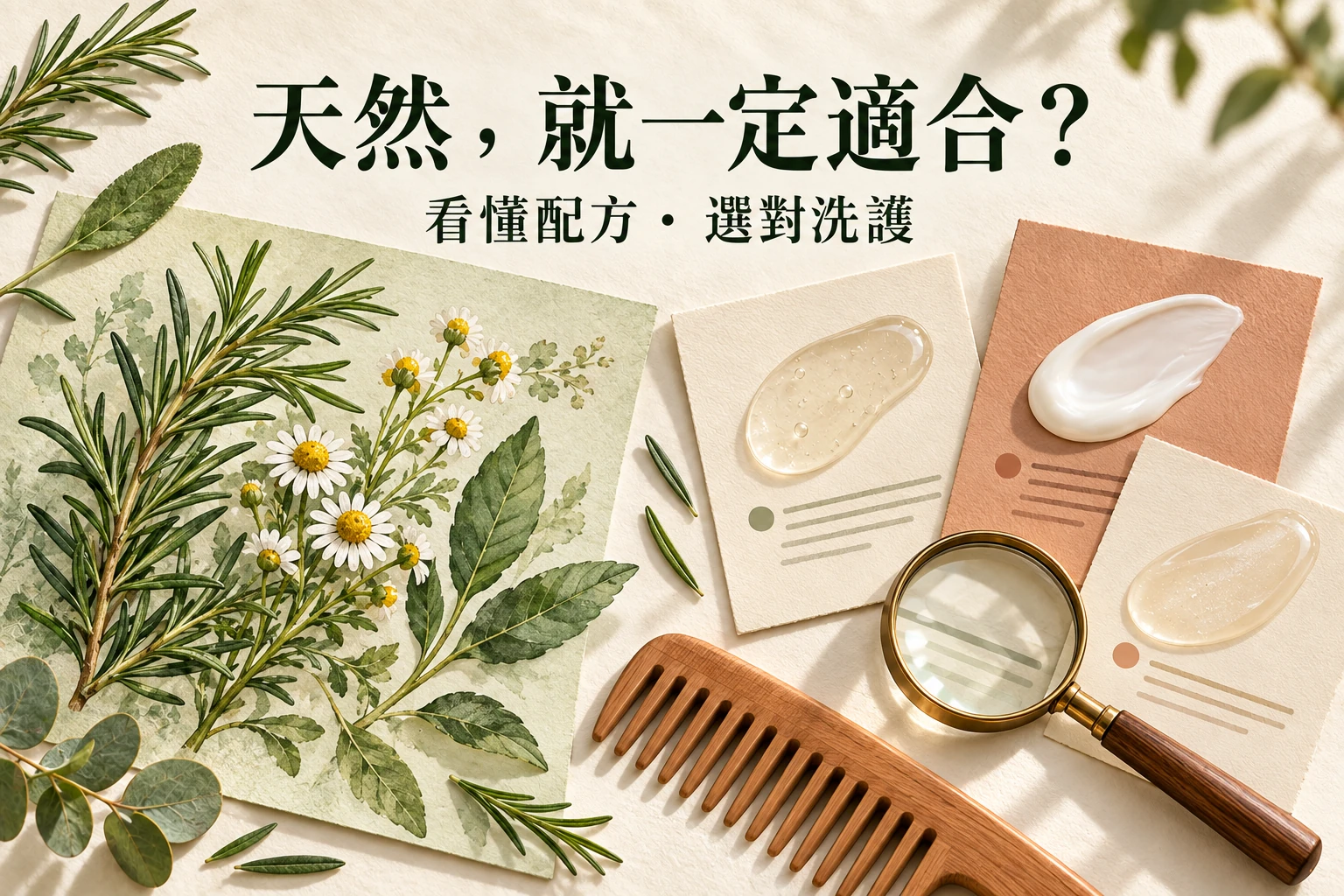 「天然，就一定適合？」標題配植物觀察卡、不同配方質地樣本、木梳與放大鏡。