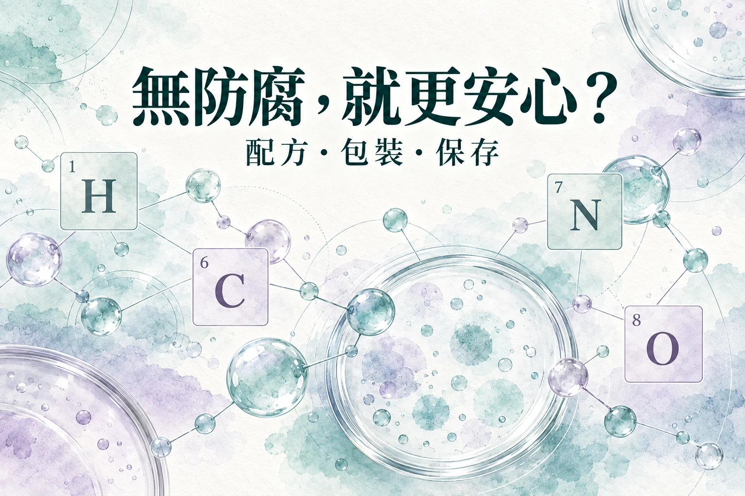 「無防腐，就更安心？」標題配青綠與淡紫色分子概念圖、培養皿意象及氫碳氮氧元素方格。