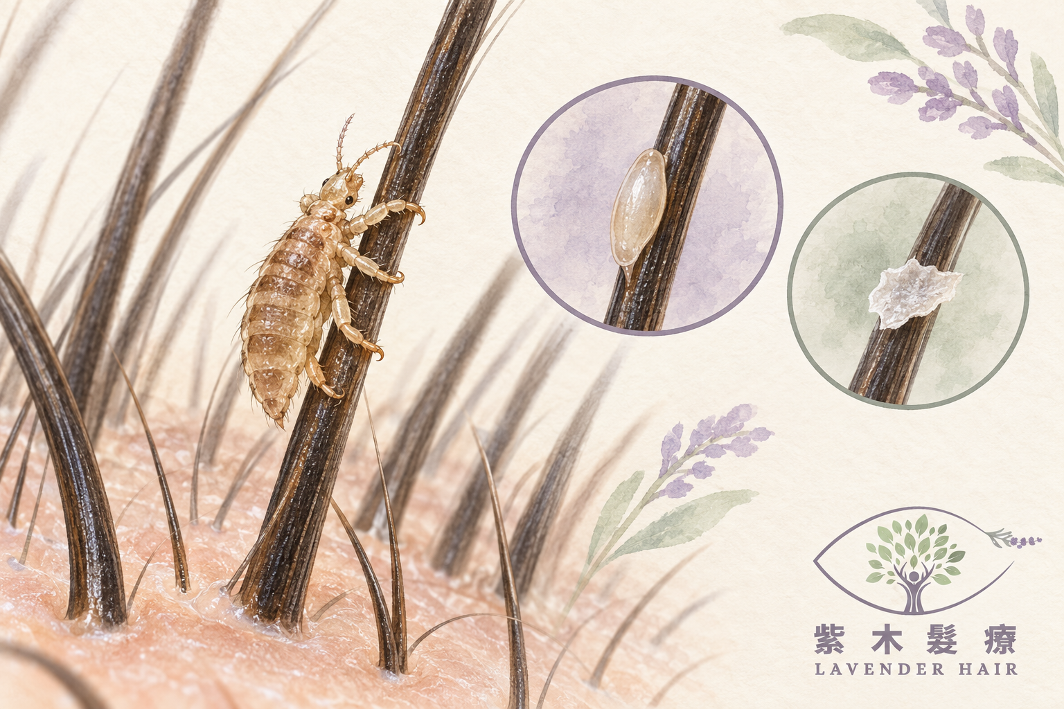 頭蝨・頭痕・蝨卵情境插畫