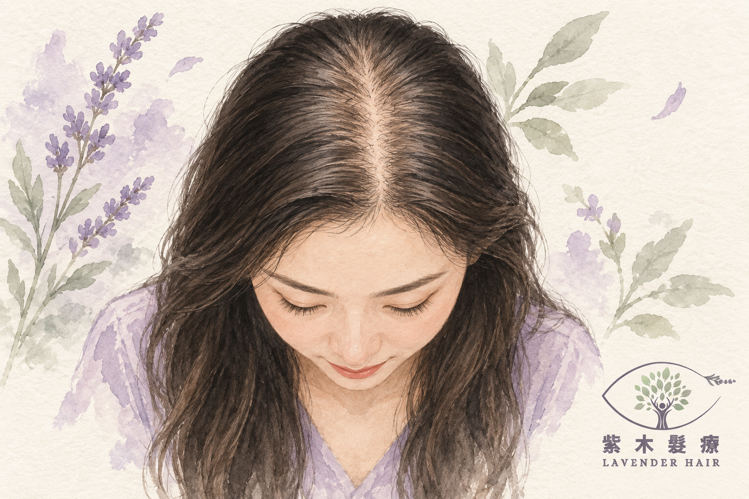 女士髮界稀疏・髮界變闊情境插畫