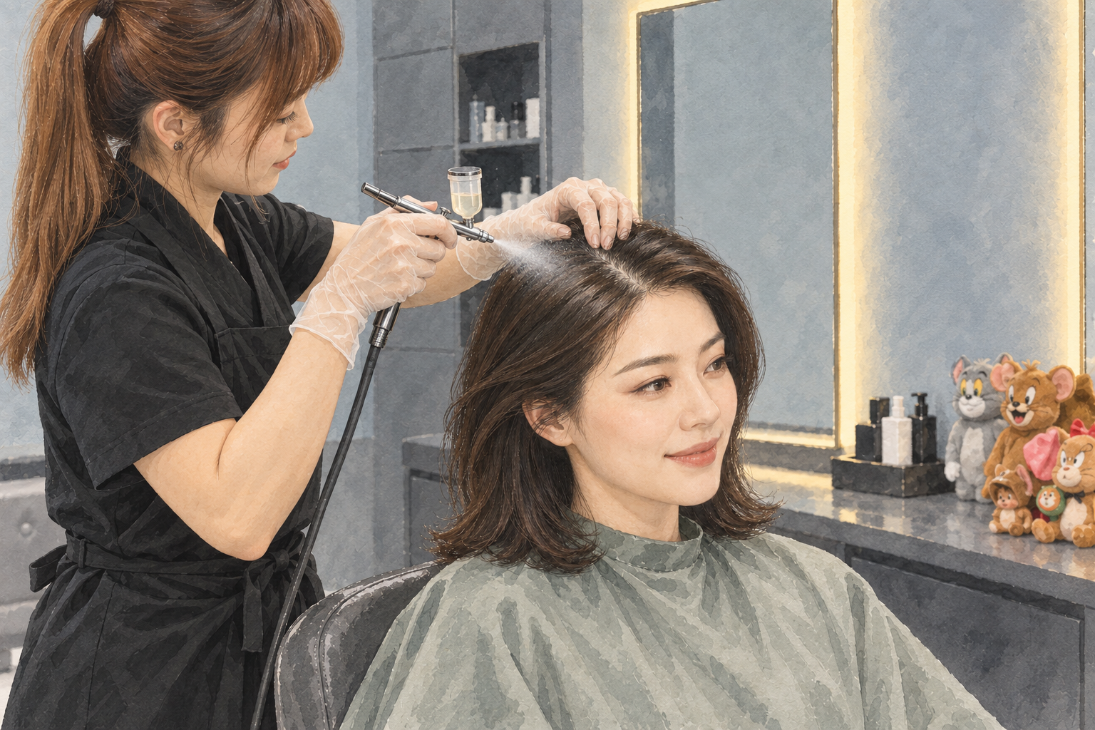 A therapist sprays protective scalp serum with an airbrush-style device before colouring