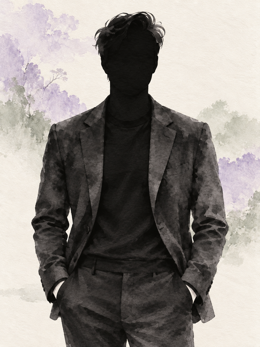 Director So: front-facing, waist-up ink-wash silhouette with hands in pockets