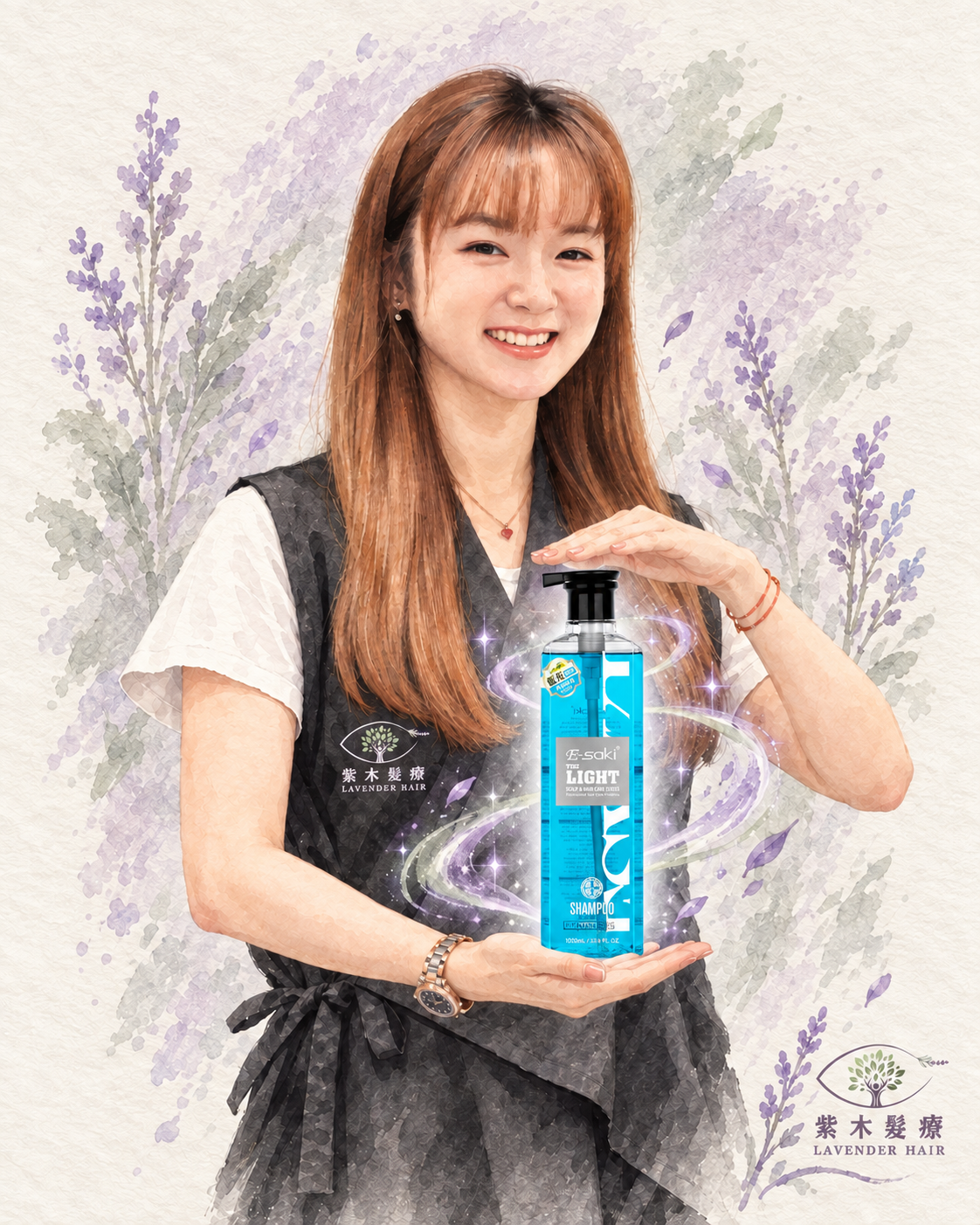 Ink-wash illustration of Lyric presenting a large 1000ml ESAKI blue-light shampoo bottle with a magical gesture