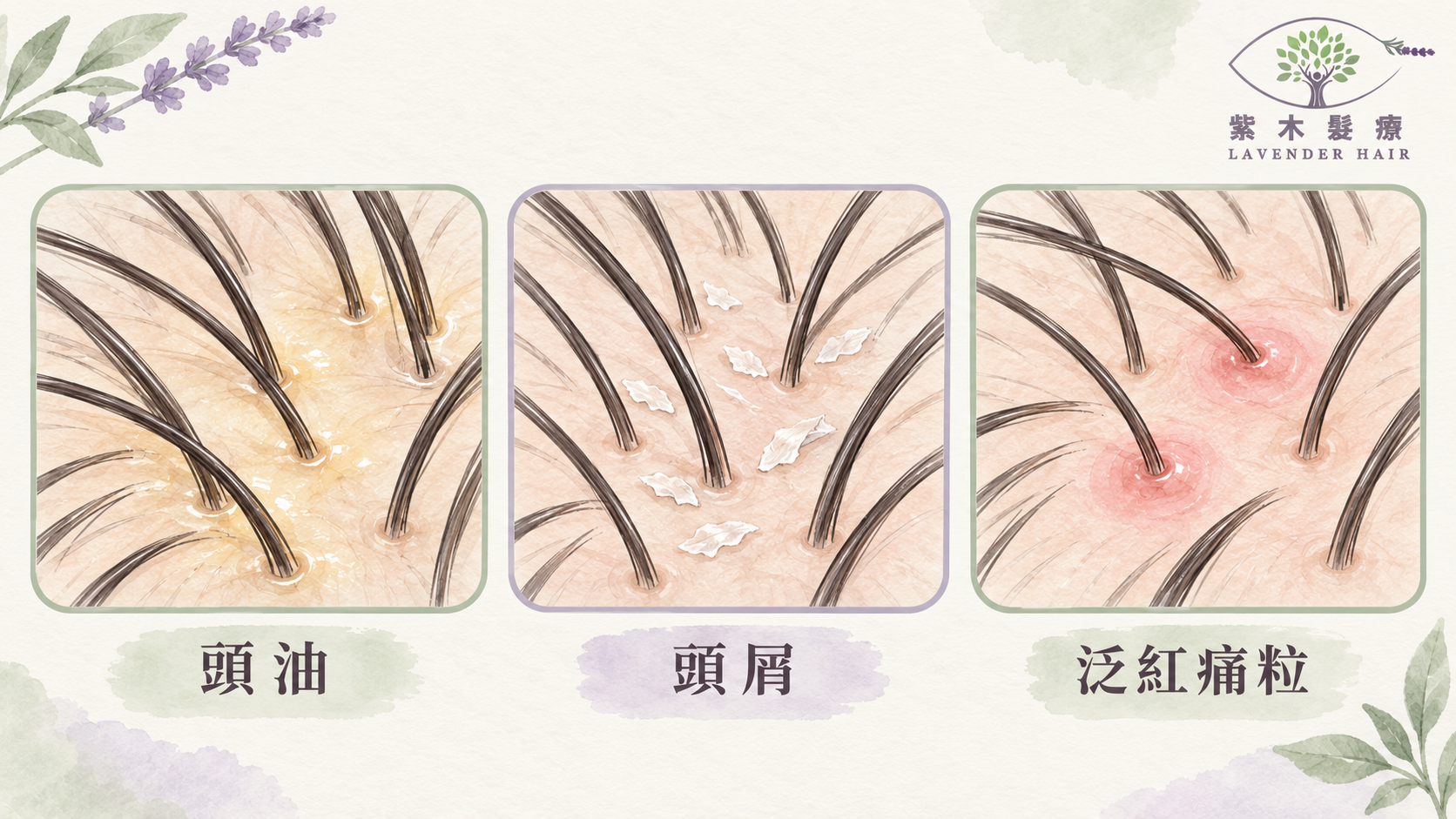 Educational scalp illustration showing magnified oil and dead skin, dry flakes, and red, tender bumps