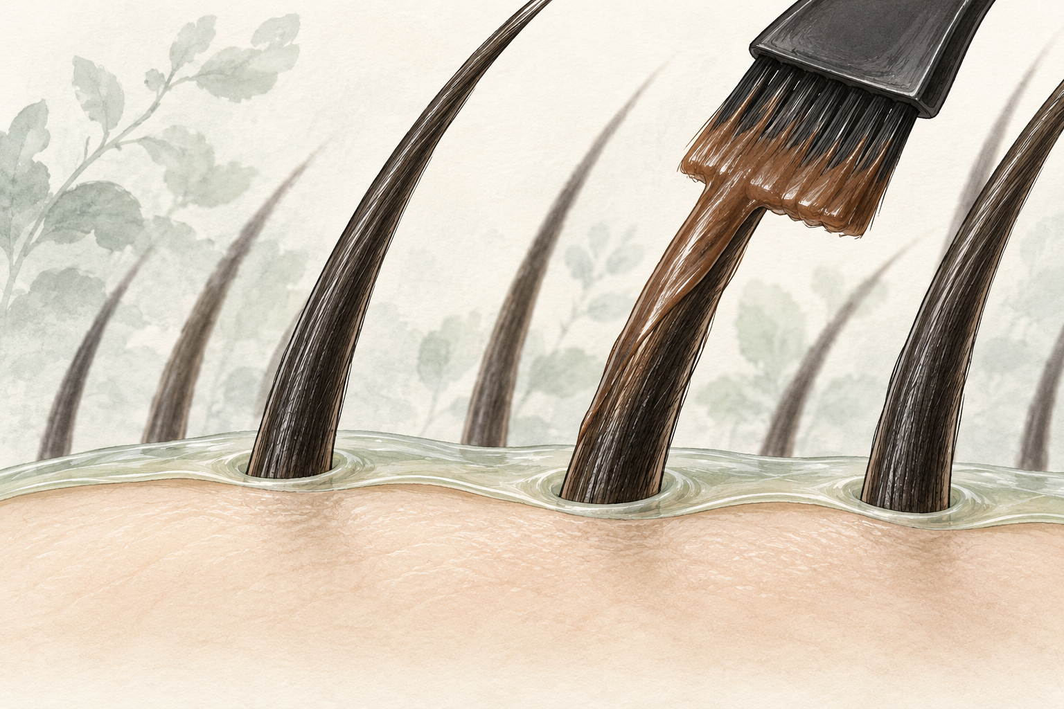 Magnified illustration showing the protective scalp layer and colour application on the hair