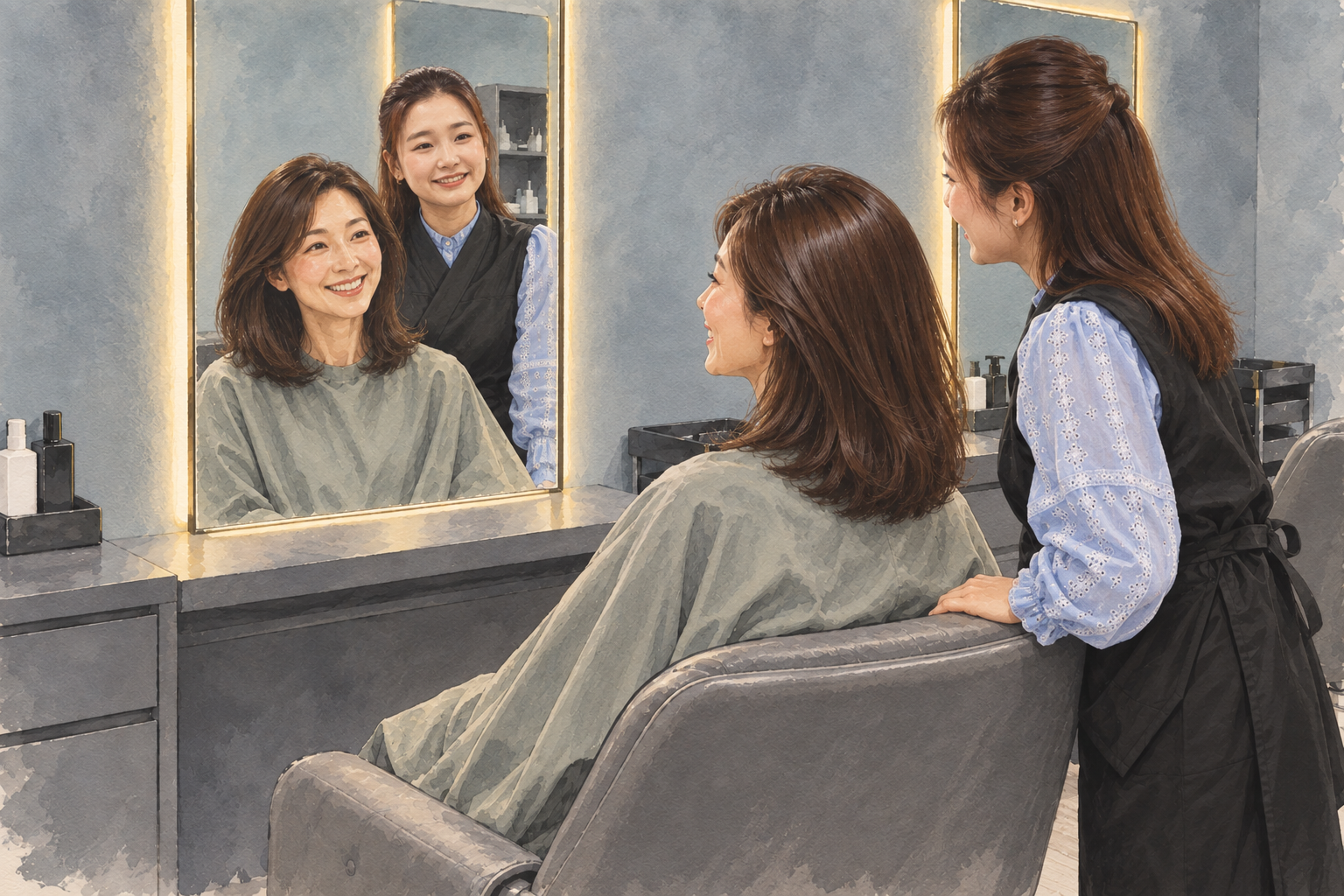 A client and Sisi look in the mirror in Lavender Hair's blue-grey treatment area, enjoying the natural colour, softness and shine after colouring