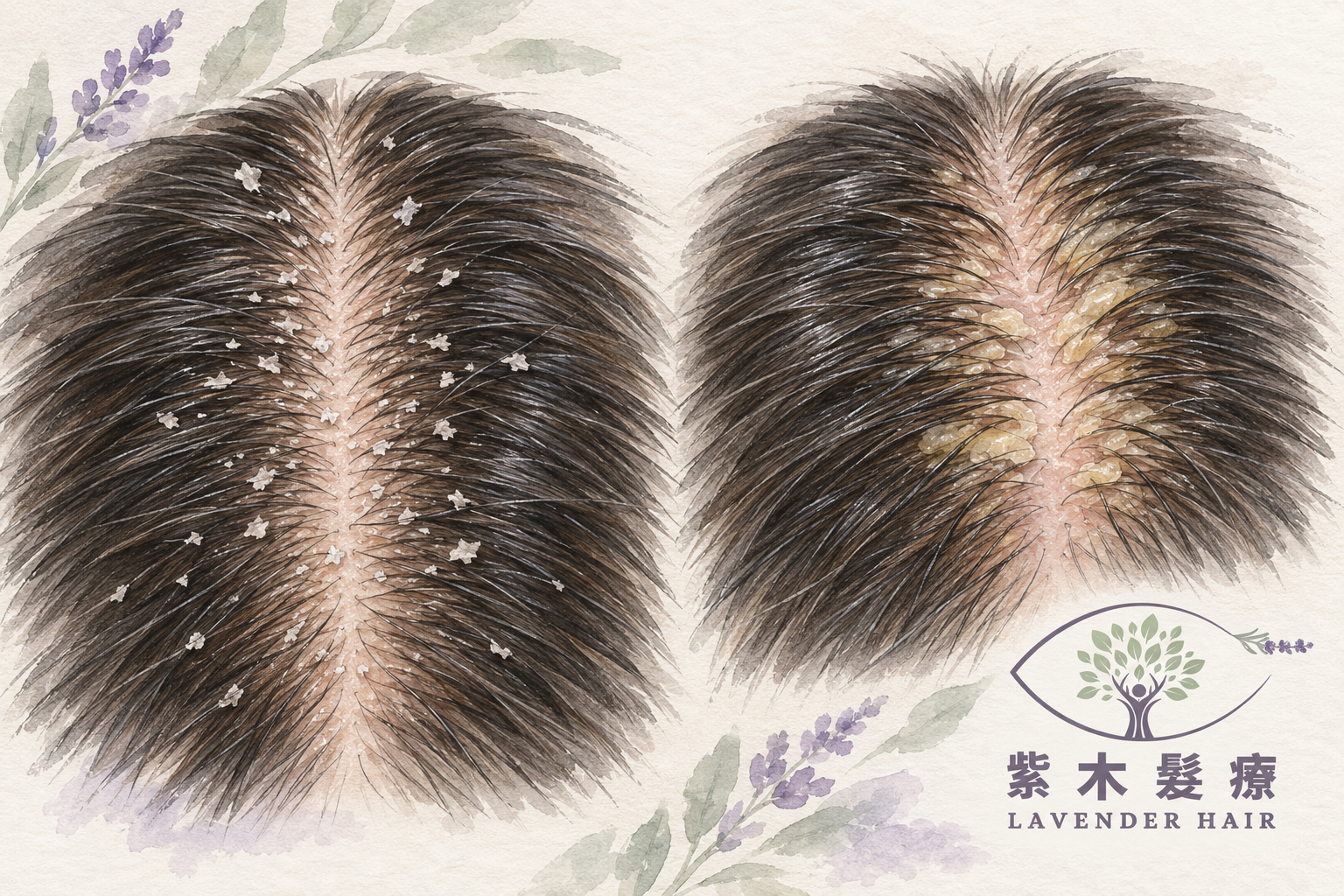 Illustration of dandruff, itching and dryness