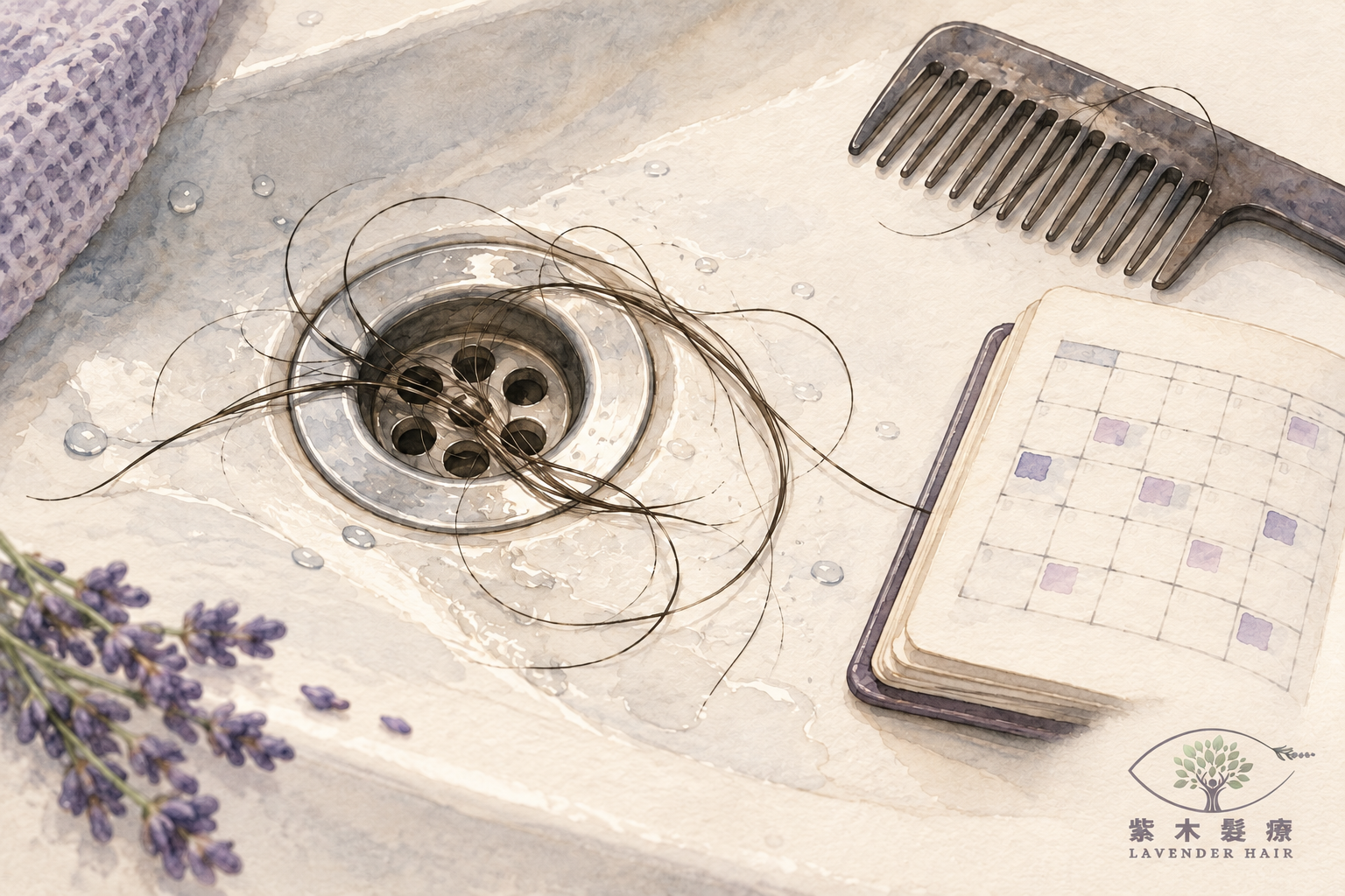 Illustration of increased shedding and hair in a shower drain