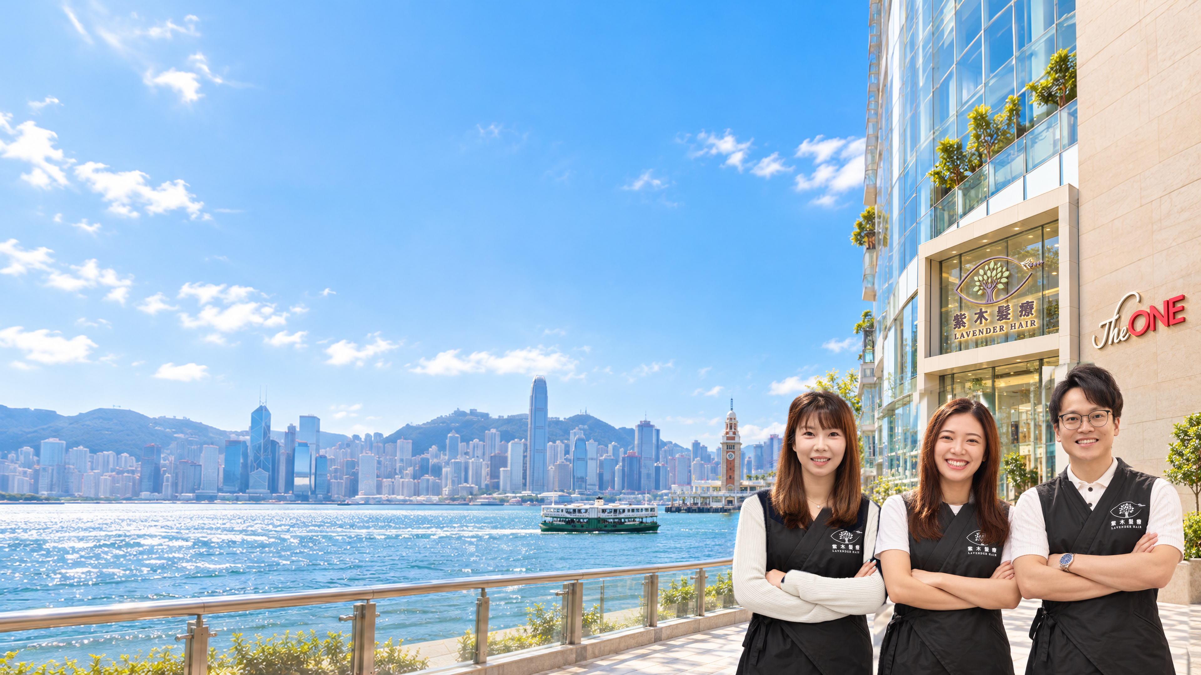 紫木髮療三人團隊站於維港景色前，遠方可見天星小輪及尖沙咀鐘樓