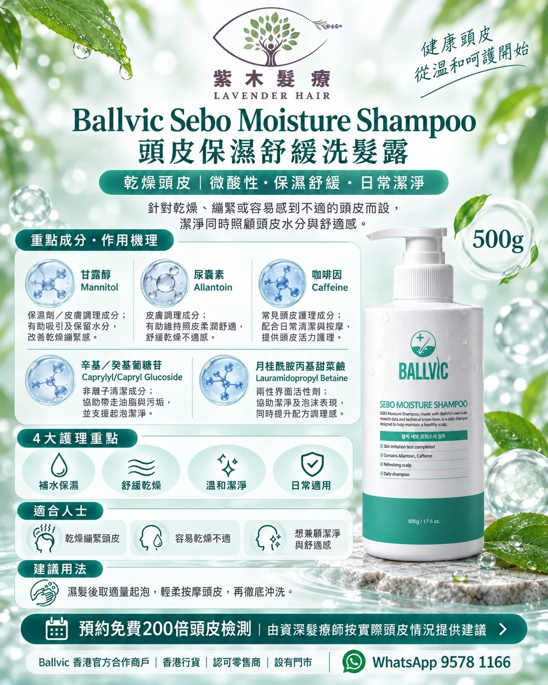 Sebo Moisture Shampoo 500g詳細成分與產品說明圖