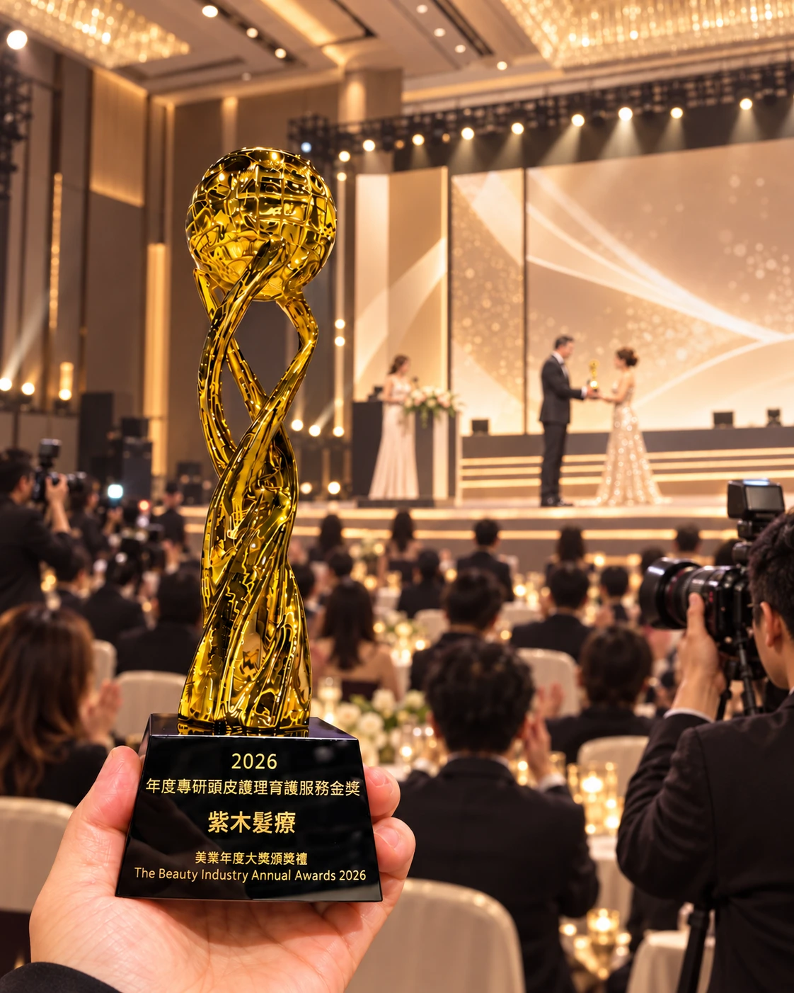 Illustration of Lavender Hair's gold award trophy in a convention-style award ceremony setting