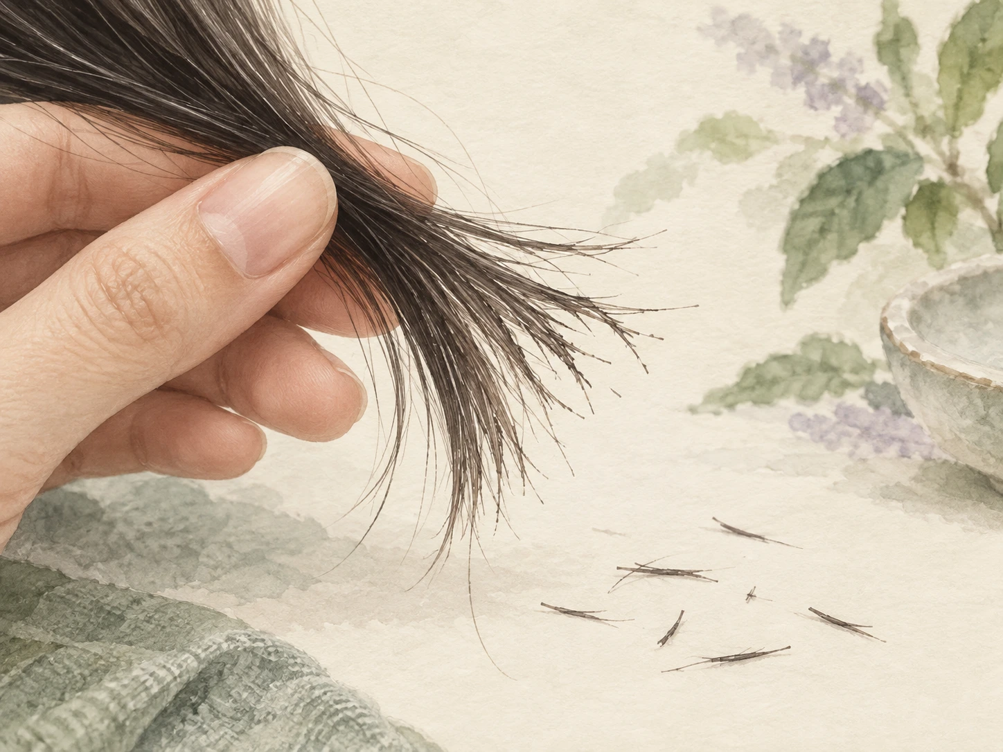 Ink-wash illustration of broken hairs of different lengths