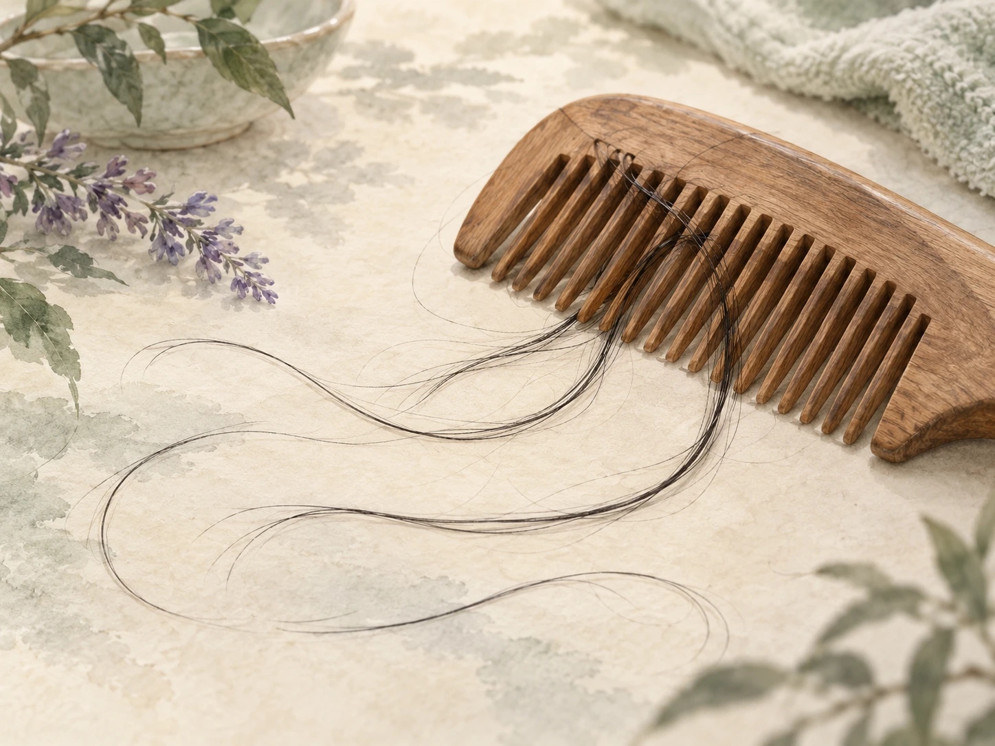 Ink-wash illustration of full-length shed hairs on and beside a comb
