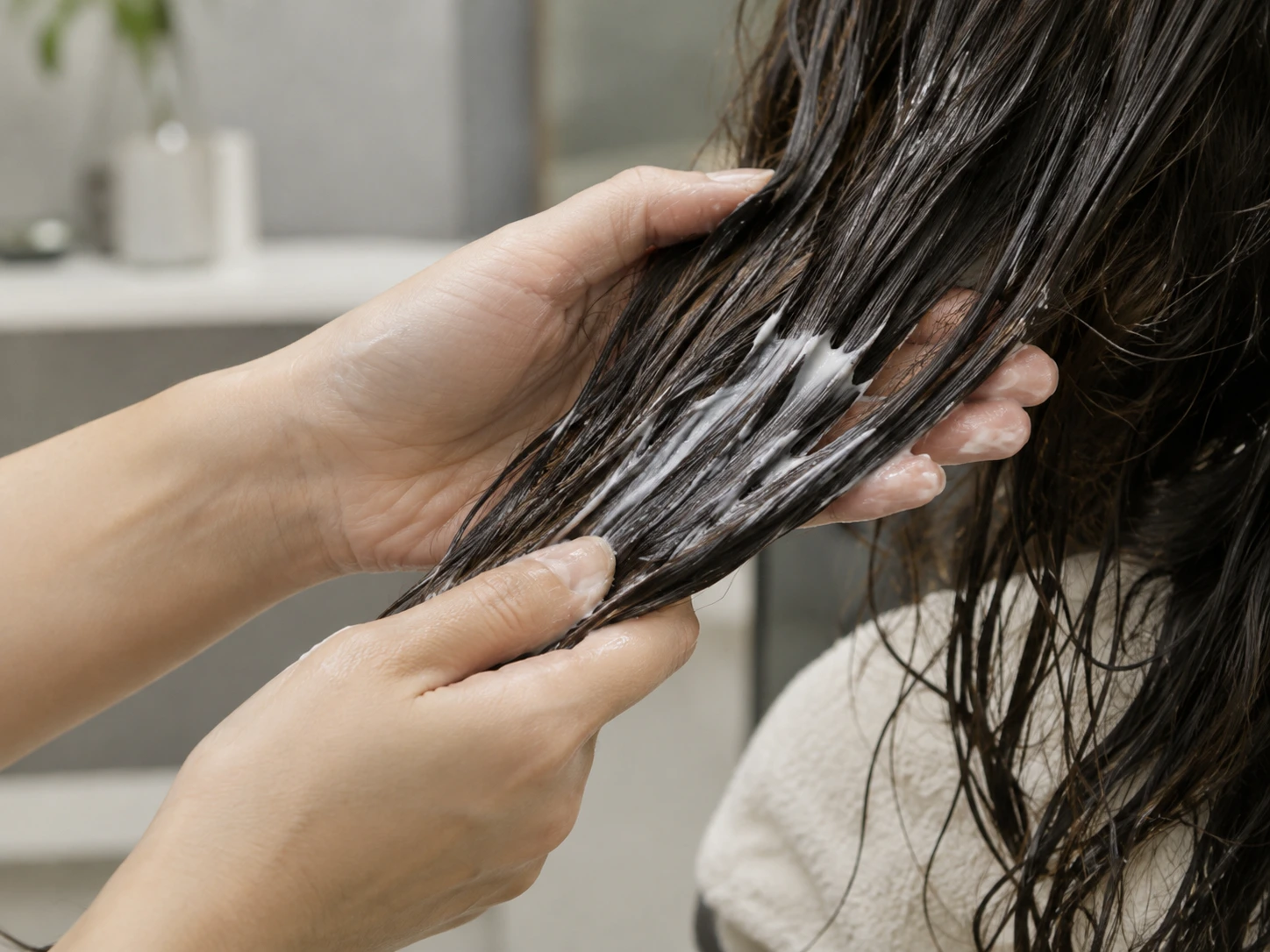 Realistic demonstration of applying a care product from mid-lengths to ends
