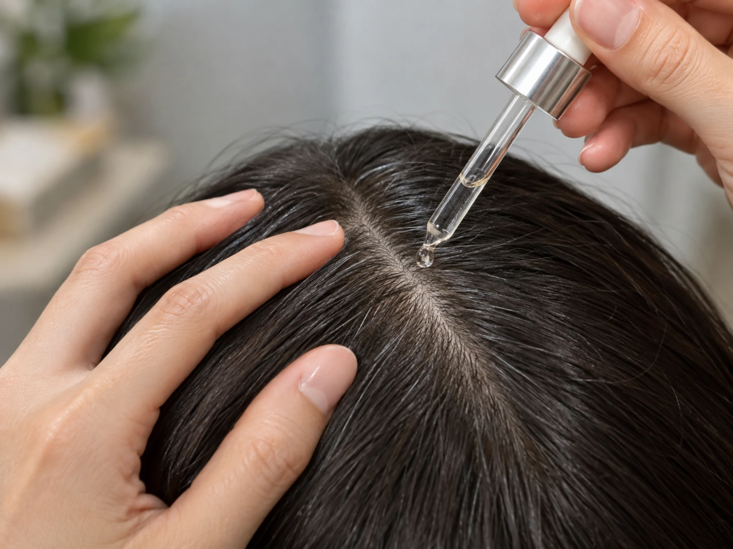 Realistic demonstration of parting hair and applying serum to the scalp